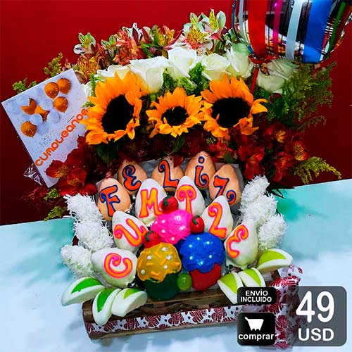 Bouquet de flores y frutas happy para desear un gran feliz cumpleaños